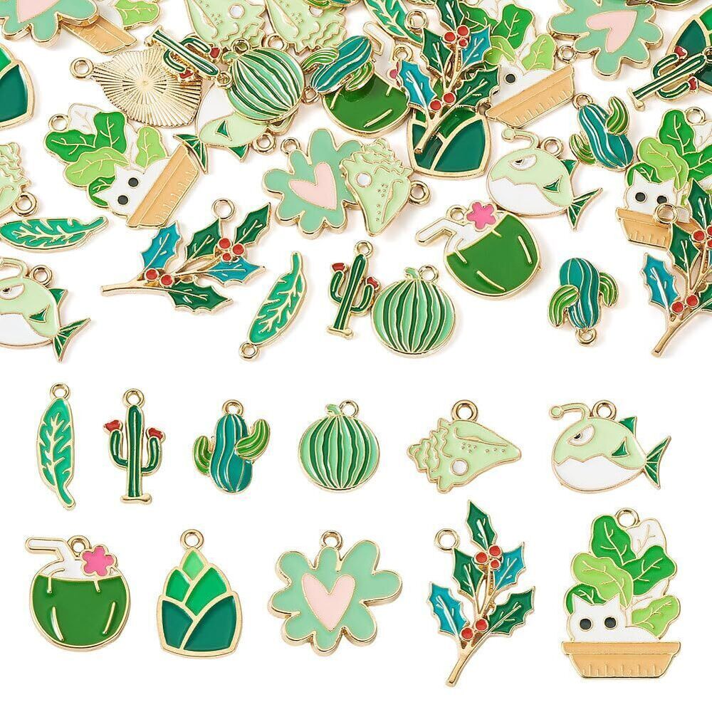 2061 44Pcs Green Summer Enamel Charms Leaf Flower Cactus Bamboo Watermelon